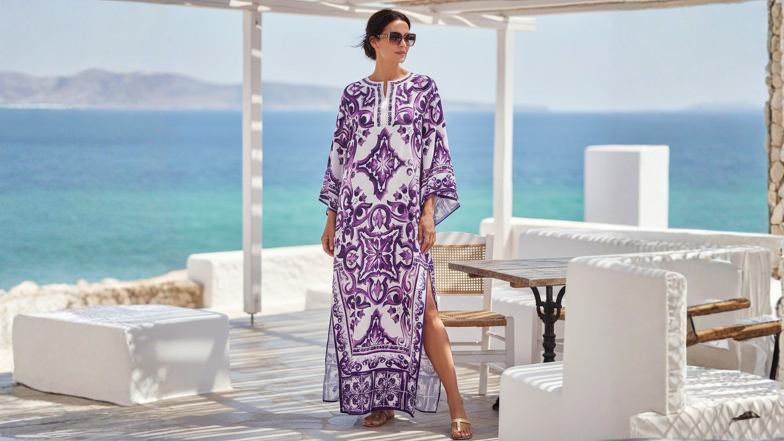 purple majolica dress for italian vacation by the sea