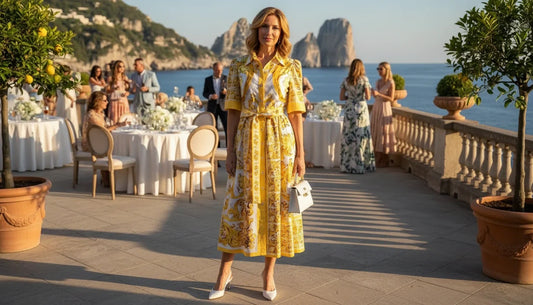 yellow majolica midi cotton dress for destination weddings and summer vacations