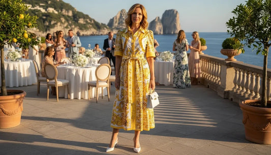 yellow majolica midi cotton dress for destination weddings and summer vacations