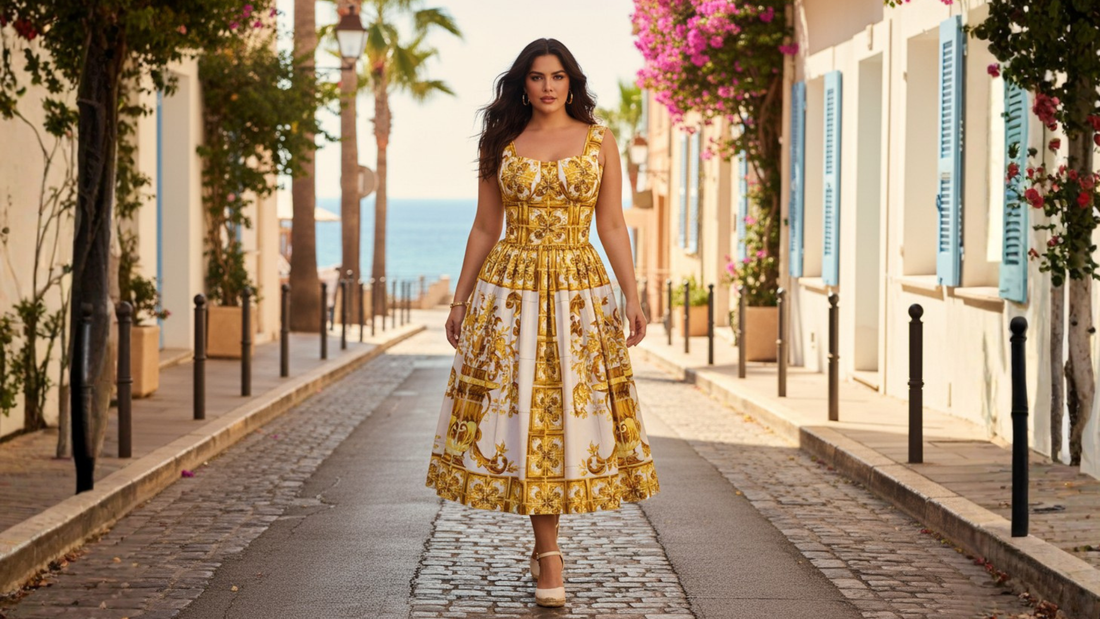 yellow majolica midi cotton dress for summer vacations in italy