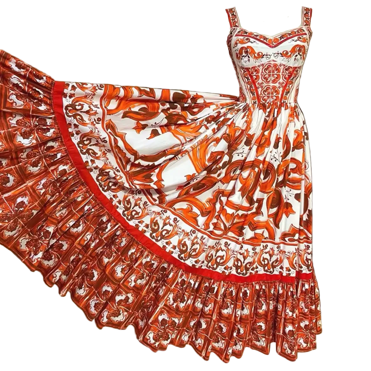 Orange Majolica Print Maxi Cotton Dress