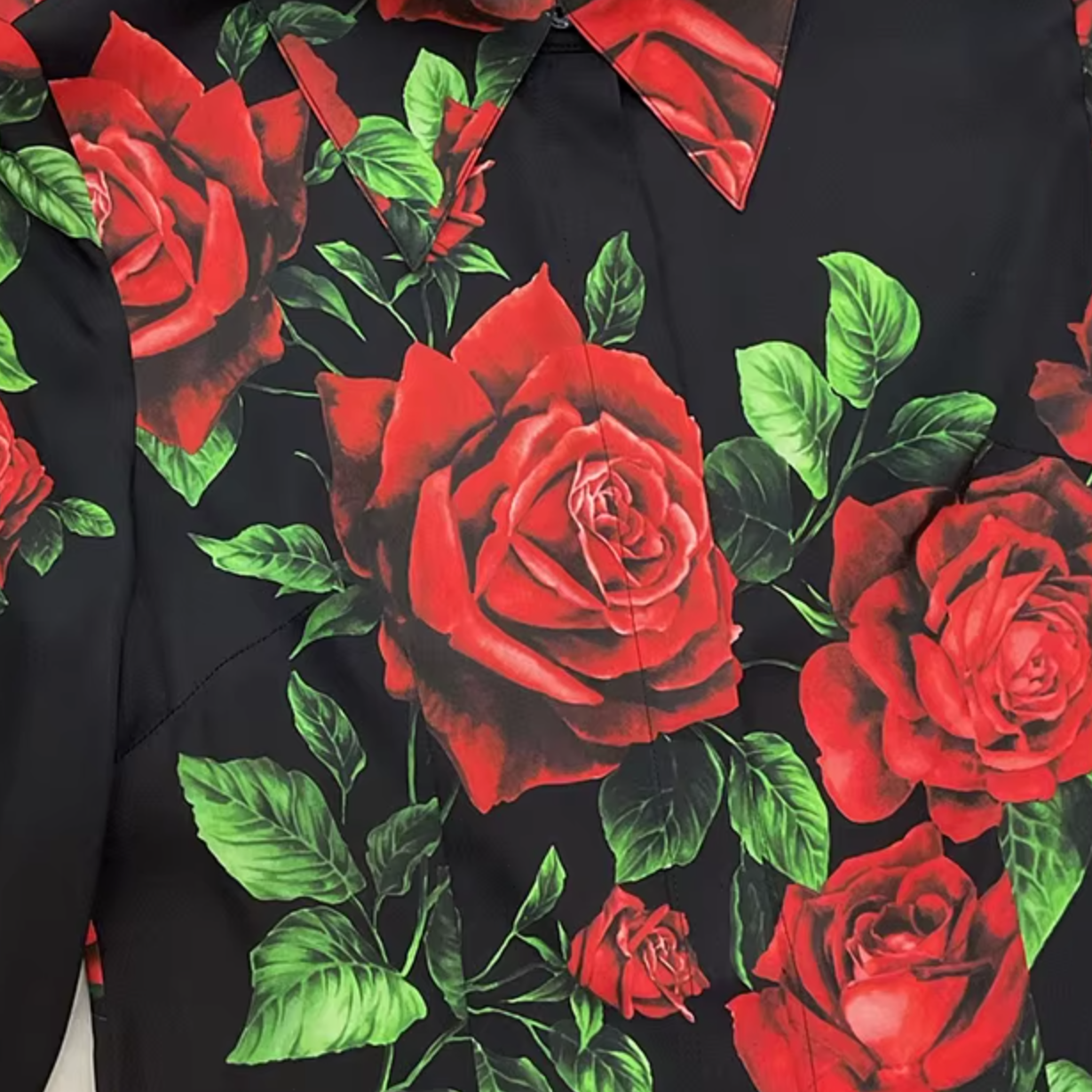 Red Roses Black Silk Blouse