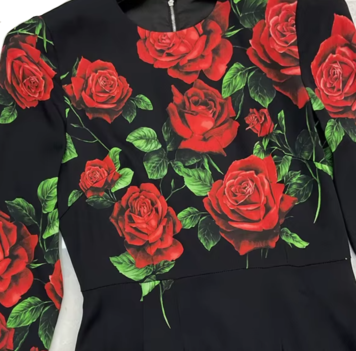 Red Roses Silk Midi Dress with Long Sleeves