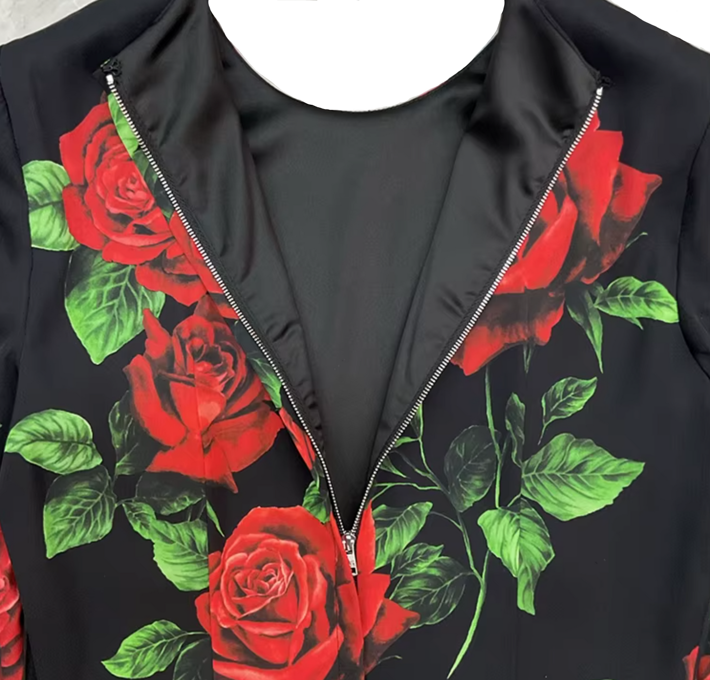 Red Roses Silk Midi Dress with Long Sleeves