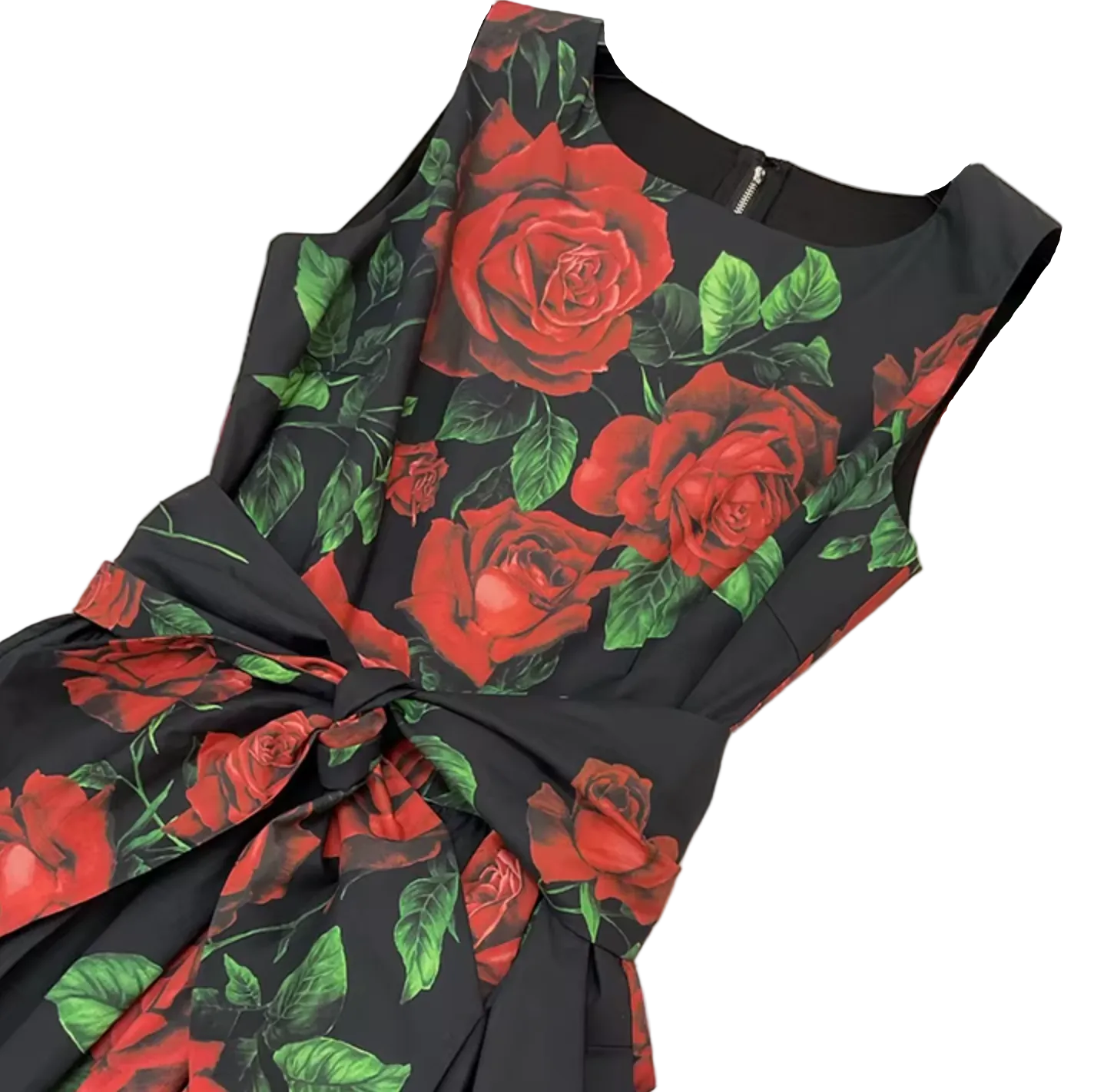 Oranges Baumwoll-Midiriederkleid mit Majolika-Muster und Schleifengürtel