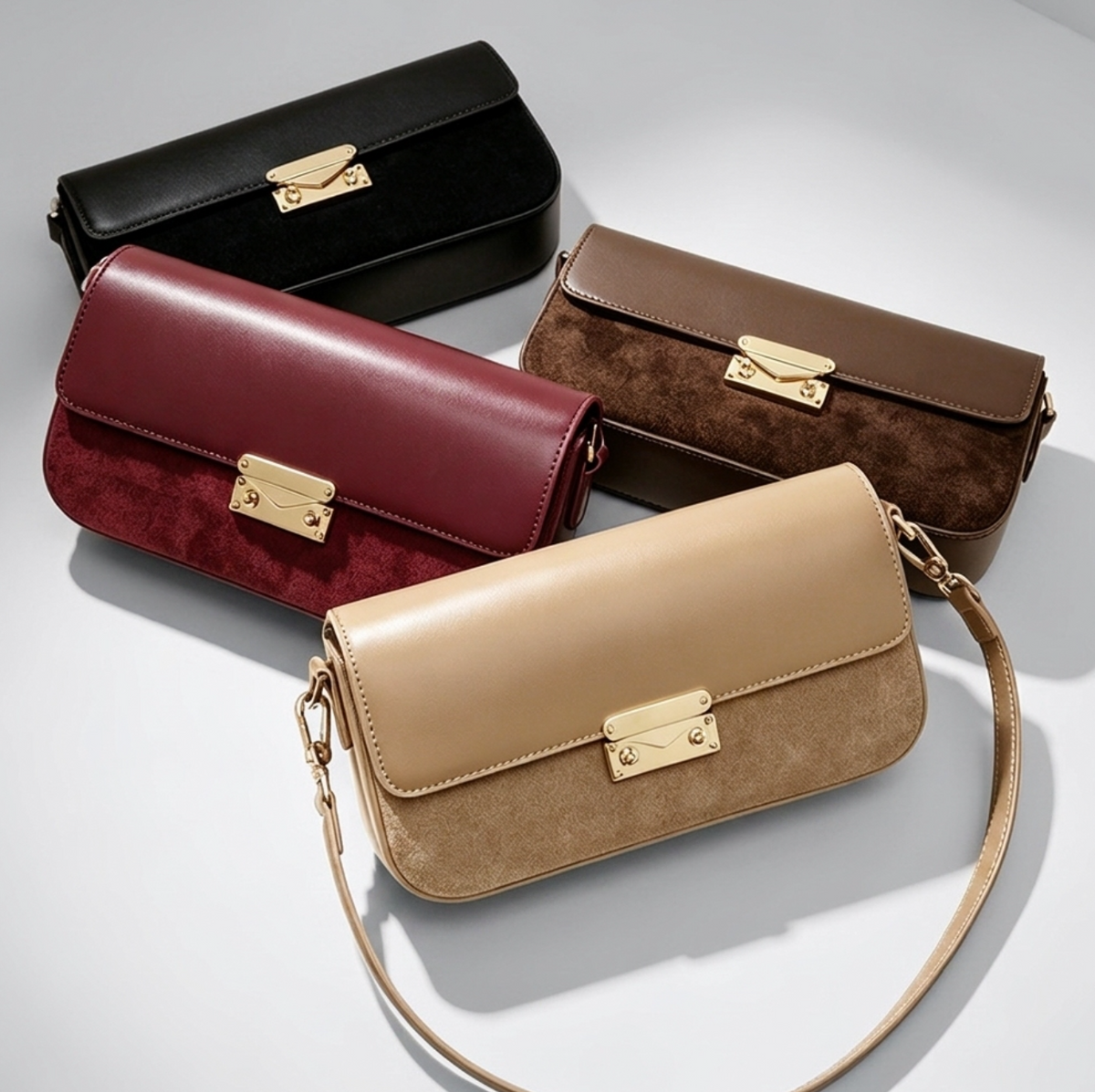Suede & Leather Baguette Bag with Crossbody Strap