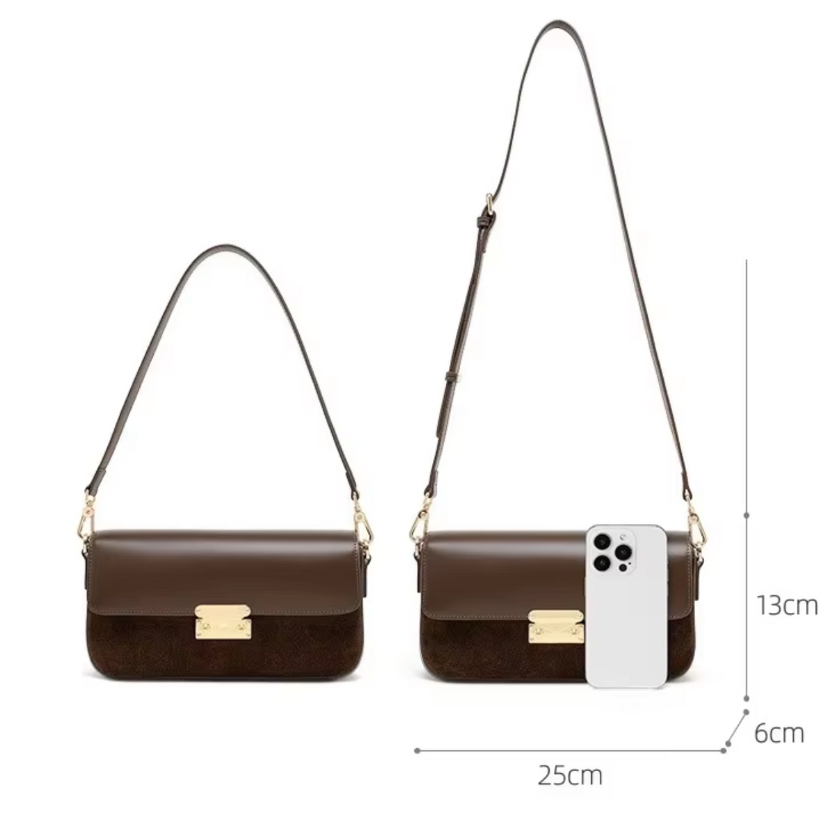 Suede & Leather Baguette Bag with Crossbody Strap