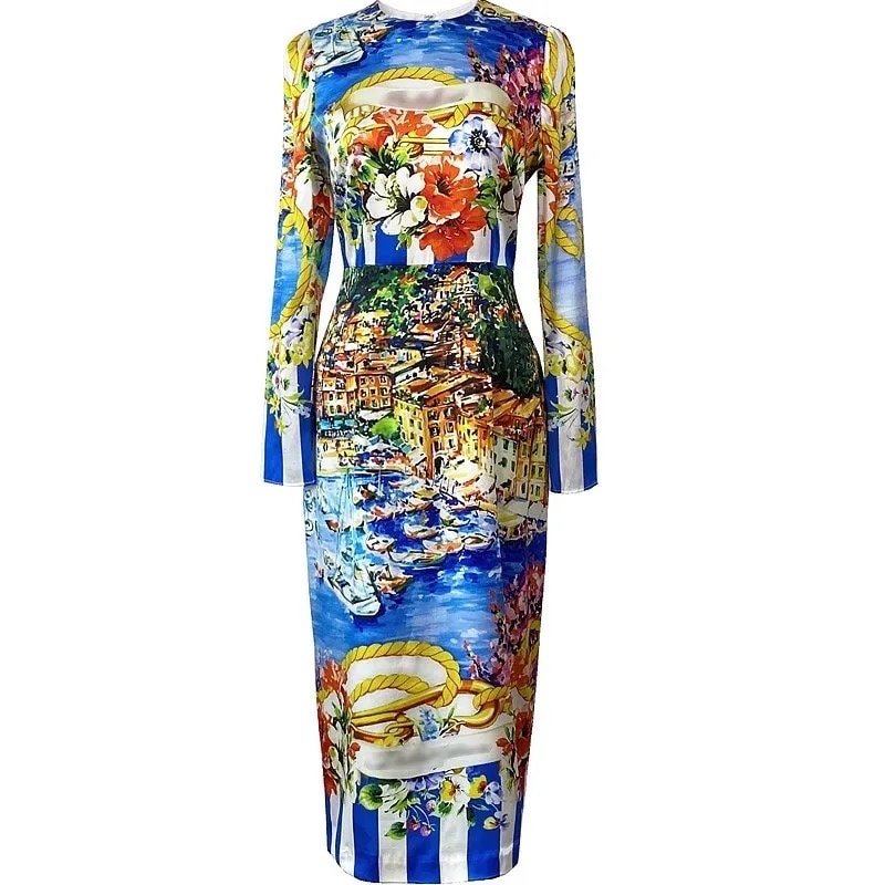 28 Handmade Italian Portofino print long sleeve silk dress, Porcelain Sicilian Dress, Mosaic Dress, Italian Summer Dress, Dolce Vita - Dress By Vicky