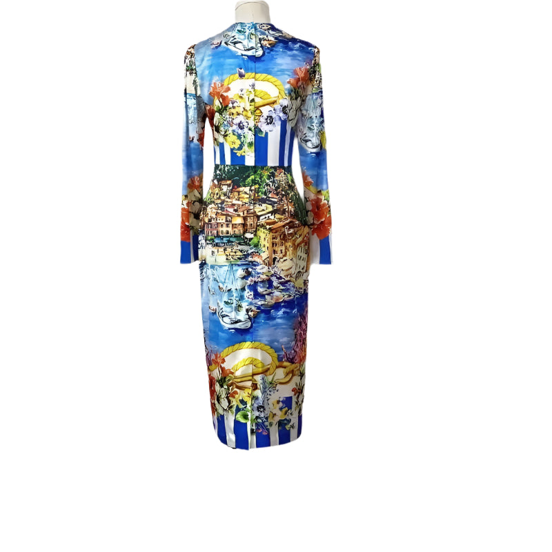 28 Handmade Italian Portofino print long sleeve silk dress, Porcelain Sicilian Dress, Mosaic Dress, Italian Summer Dress, Dolce Vita - Dress By Vicky