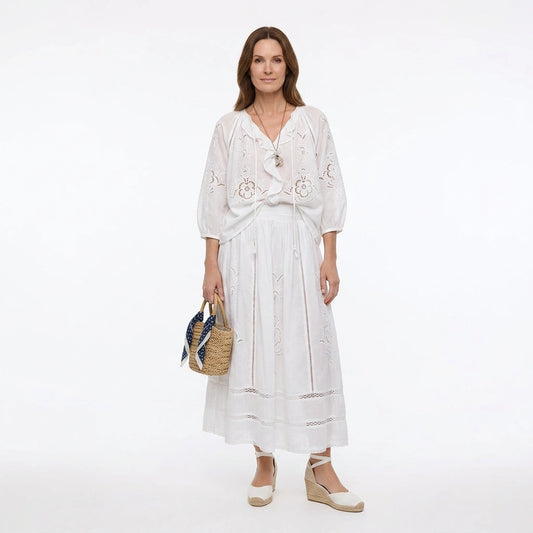 Conjunto de blusa y falda de lino de algodón broderie blanco
