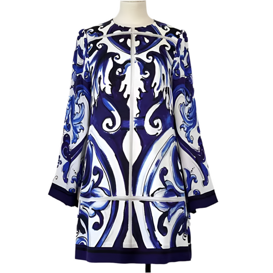 Blue Majolica A-line pure silk mini dress