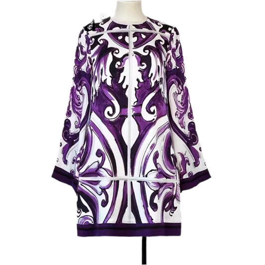 Purple Majolica A-line pure silk mini dress