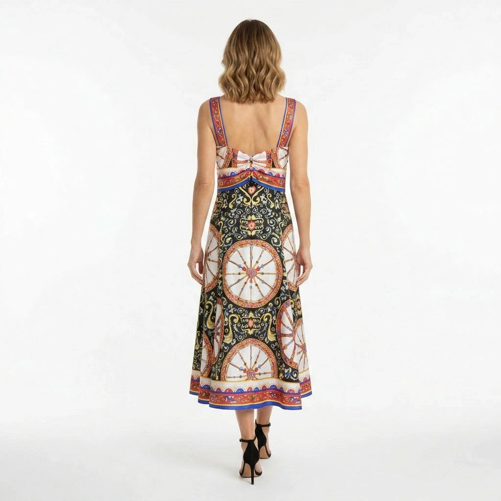 Carretto Print Flared Silk Midi Dress