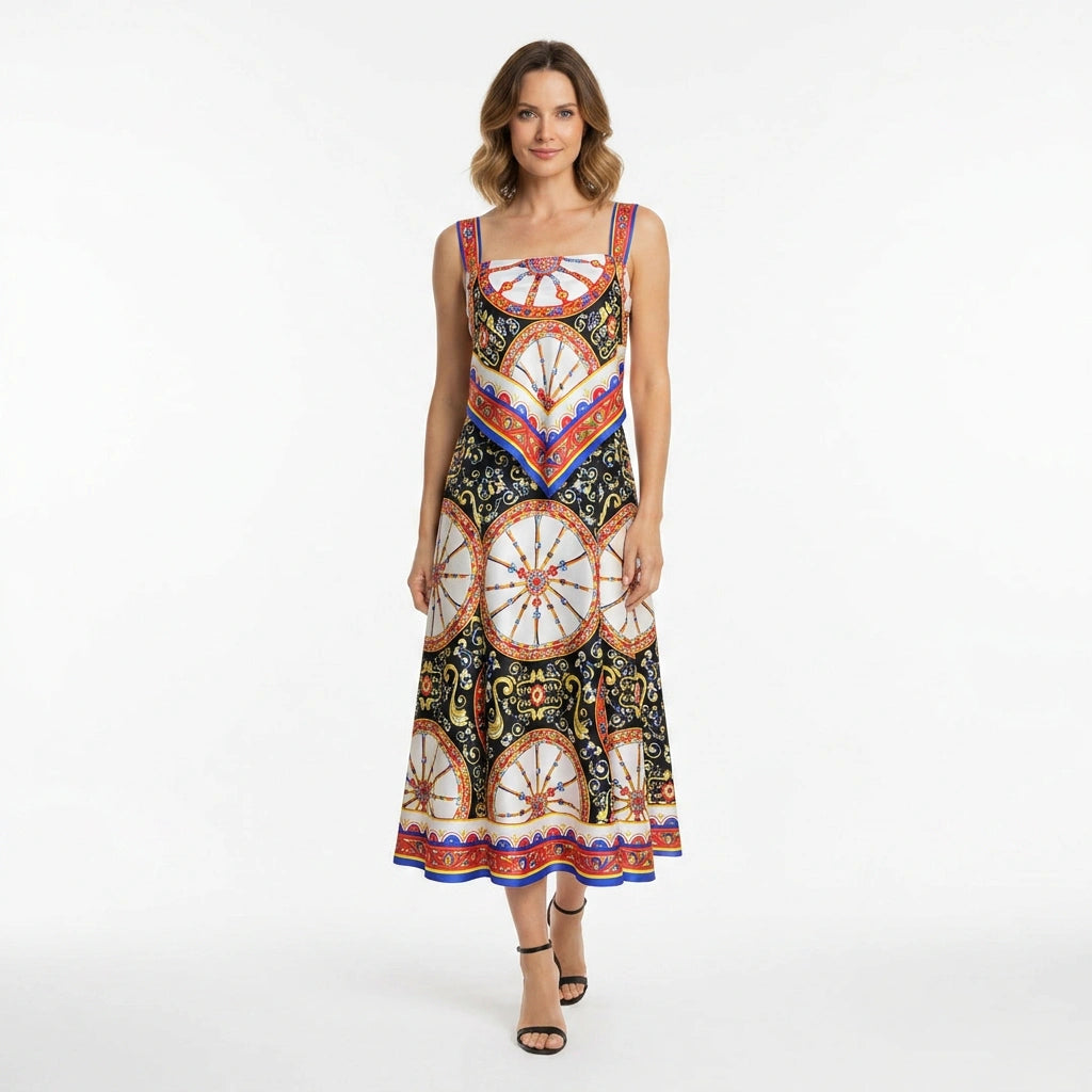 Carretto Print Flared Silk Midi Dress