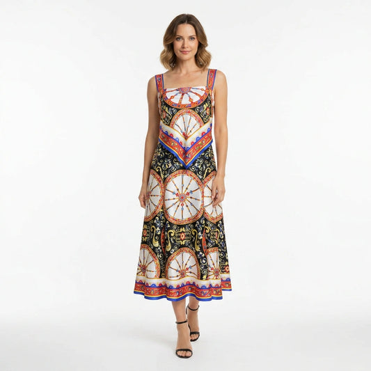 Carretto Print Flared Silk Midi Dress
