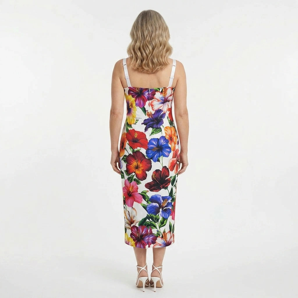 White Floral Silk Midi Dress