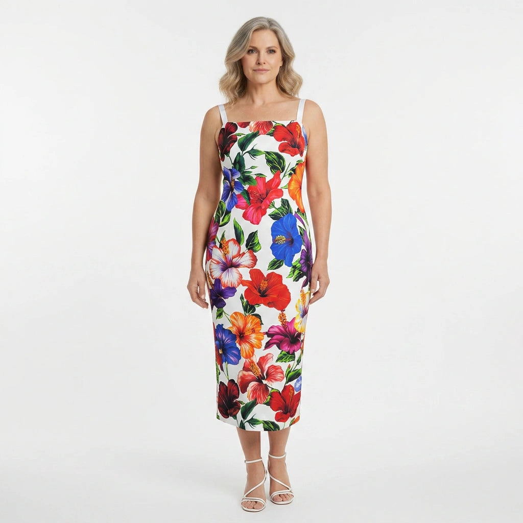 White Floral Silk Midi Dress