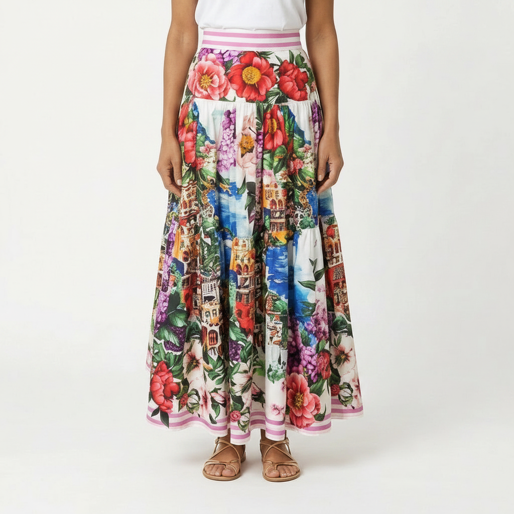 Floral Positano Print Maxi Cotton Skirt