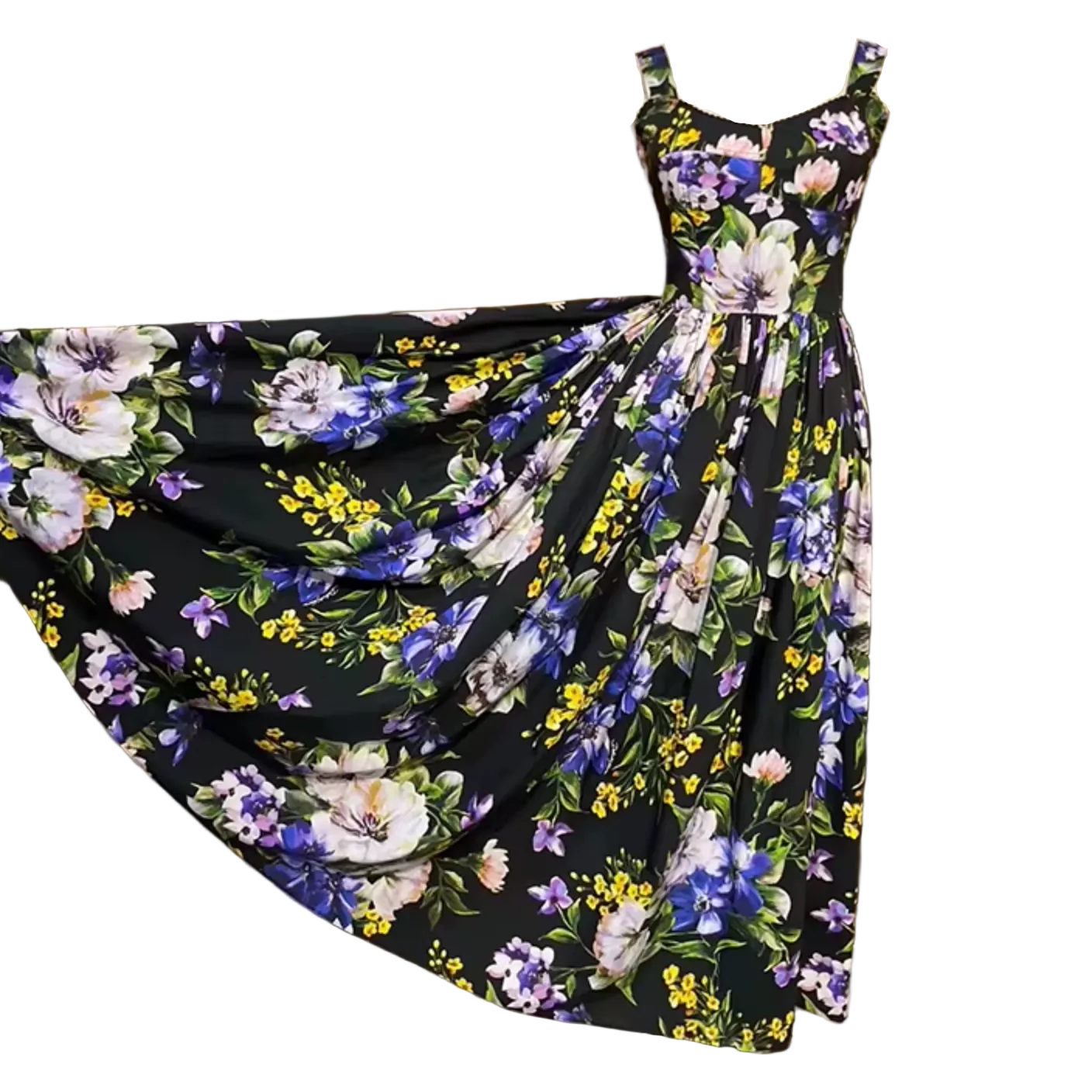 Italian Summer Black Floral Cotton Bustier Maxi Dress for summer events