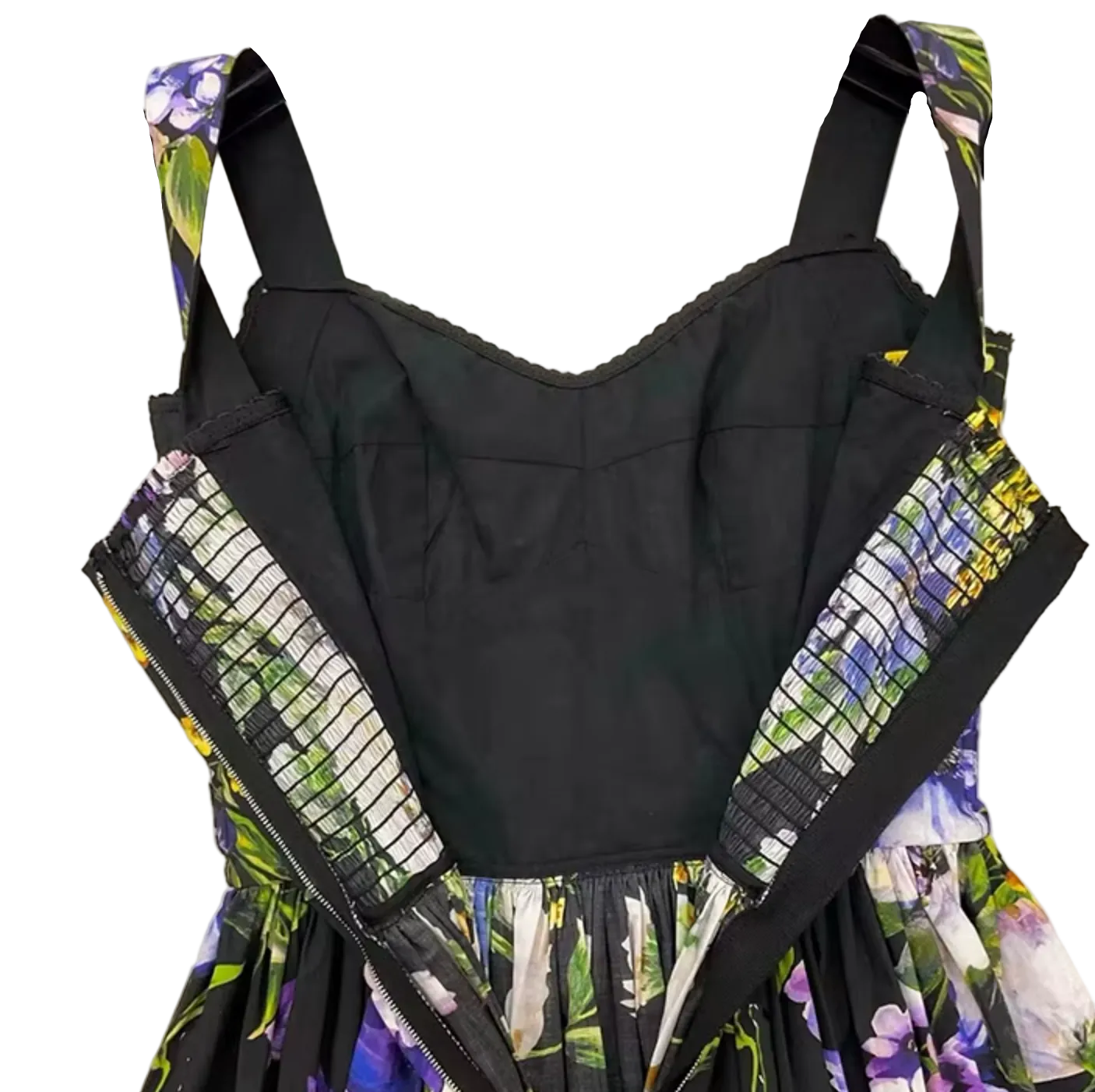Italian Summer Black Floral Cotton Bustier Maxi Dress for summer events
