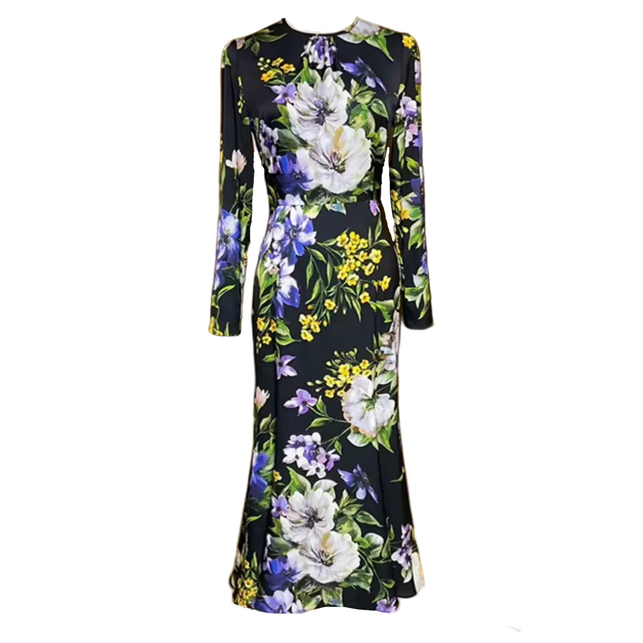 Italian Summer Black Floral Silk Midi Dress with sleeves for special occasions and weddings