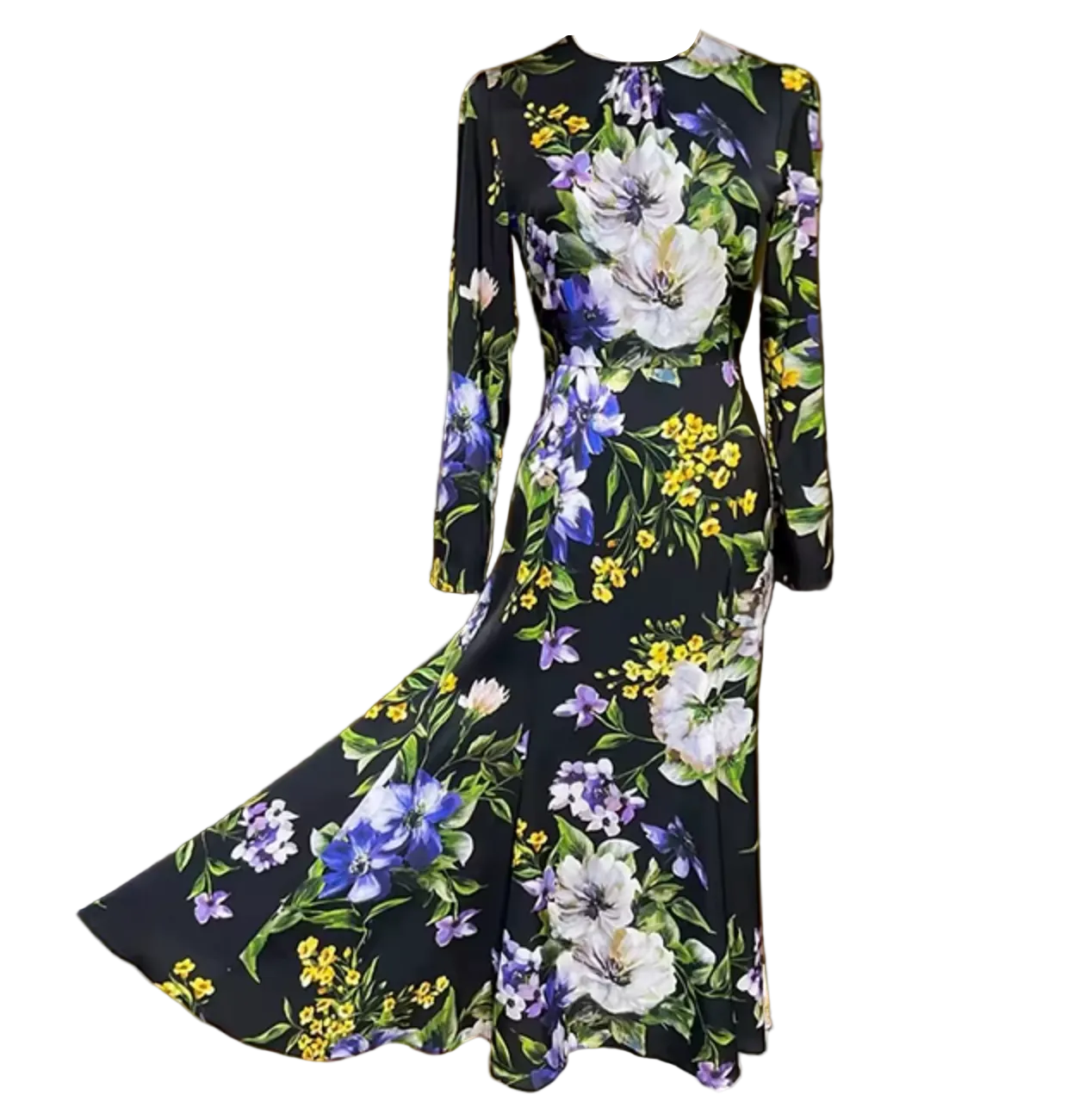 Italian Summer Black Floral Silk Midi Dress with sleeves for special occasions and weddings