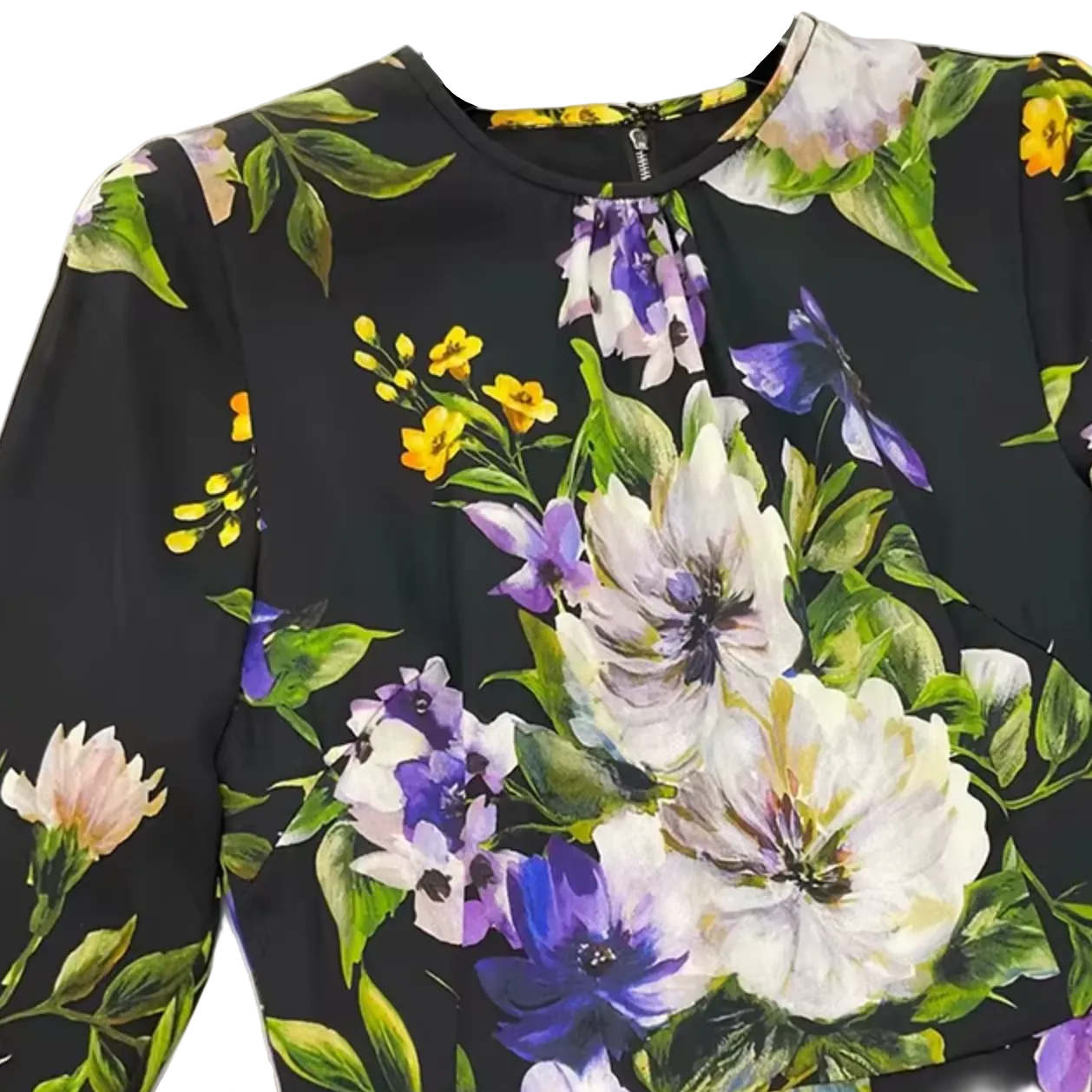 Italian Summer Black Floral Silk Midi Dress with sleeves for special occasions and weddings