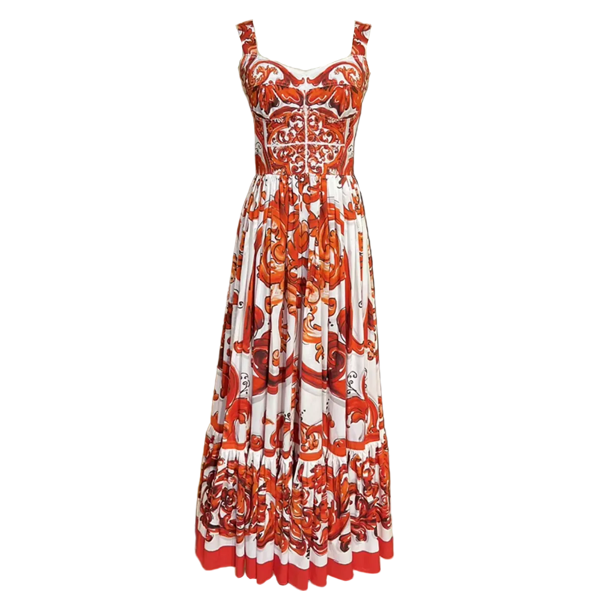 Orange Majolica Maxi Dress for Summer Weddings and Travel