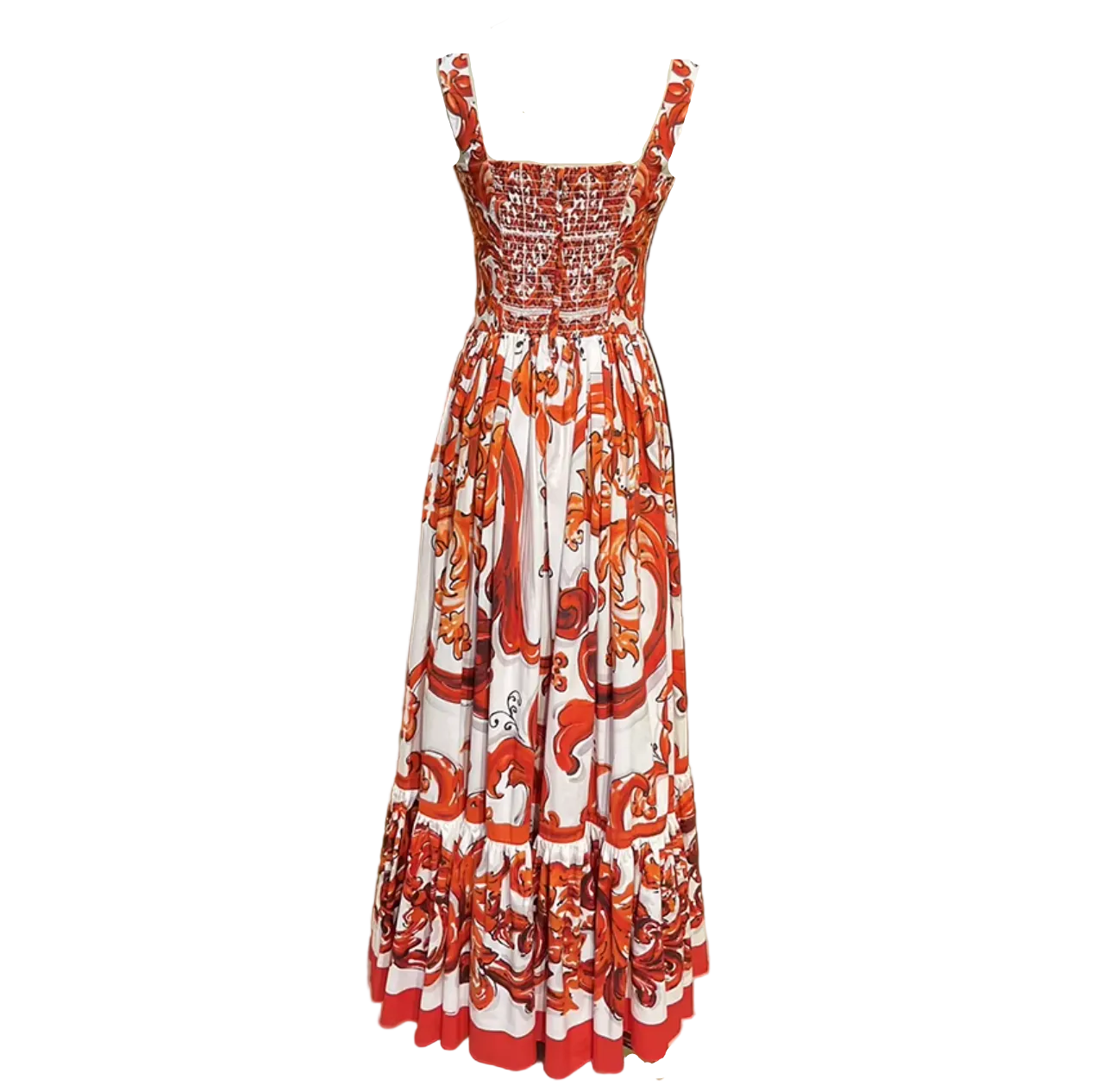 Orange Majolica Maxi Dress for Summer Weddings and Travel