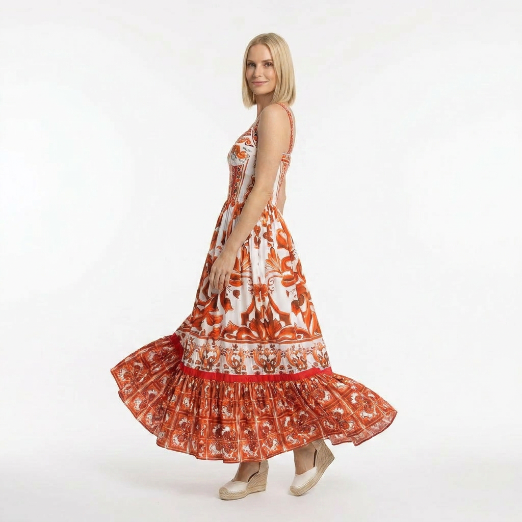 Orange Majolica Print Maxi Cotton Dress