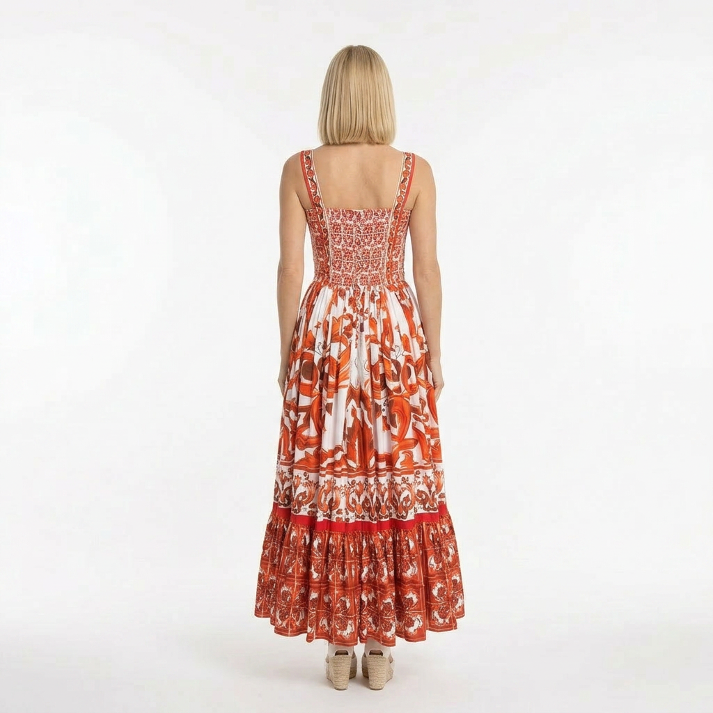 Orange Majolica Print Maxi Cotton Dress