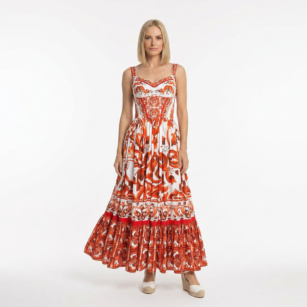 Orange Majolica Print Maxi Cotton Dress