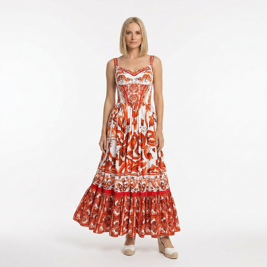 Orange Majolica Print Maxi Cotton Dress