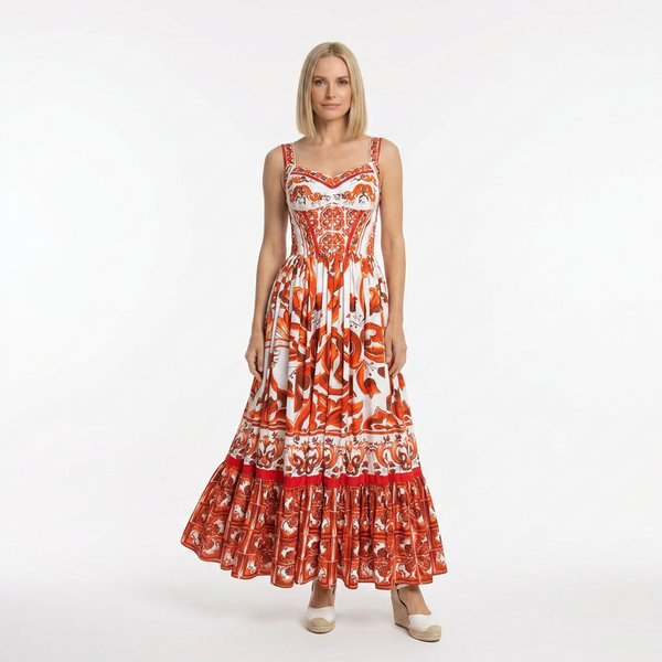 Orange Majolica Print Maxi Cotton Dress
