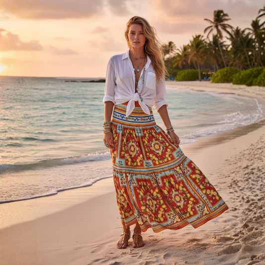 Red Majolica Porcelain Lemon print 100% cotton maxi skirt