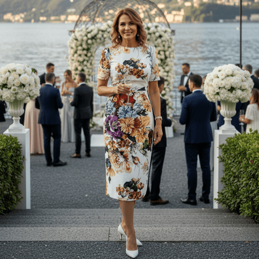 August Flowers print short sleeve midi cocktail dress - Dress By Vicky