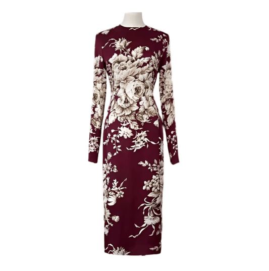 Beige roses & leaves print midi cocktail maroon silk long sleeve dress - Dress By Vicky