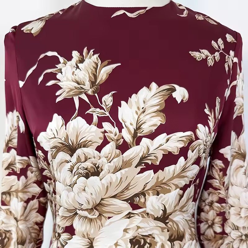 Beige roses & leaves print midi cocktail maroon silk long sleeve dress - Dress By Vicky