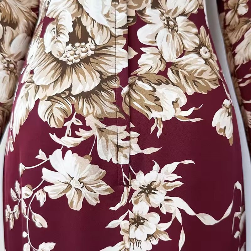 Beige roses & leaves print midi cocktail maroon silk long sleeve dress - Dress By Vicky