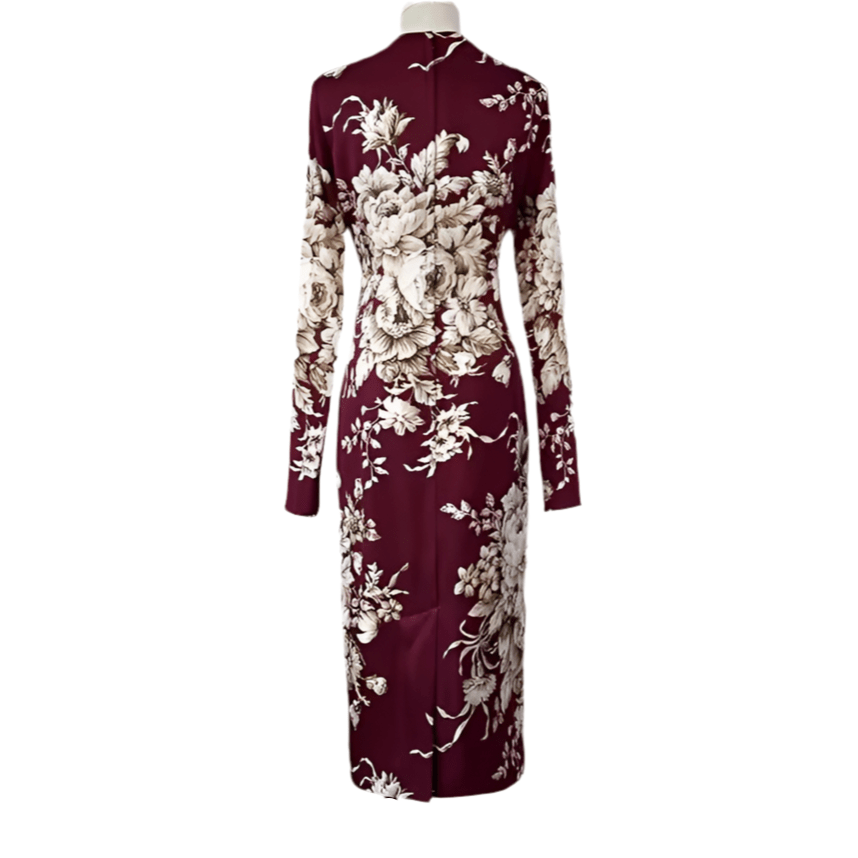 Beige roses & leaves print midi cocktail maroon silk long sleeve dress - Dress By Vicky
