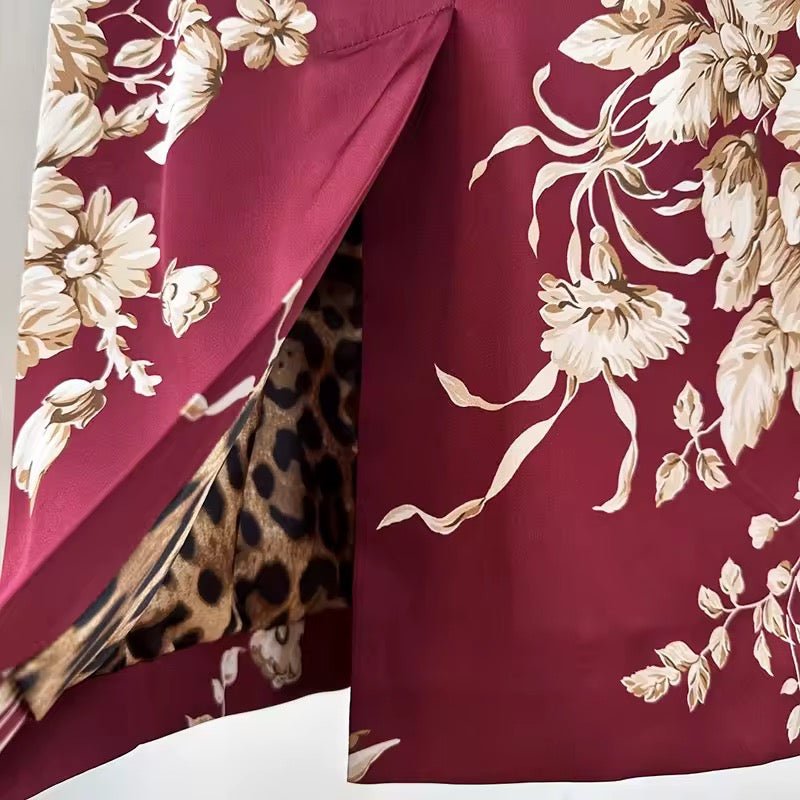 Beige roses & leaves print midi cocktail maroon silk long sleeve dress - Dress By Vicky