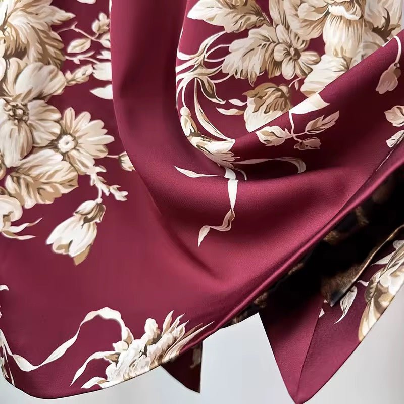 Beige roses & leaves print midi cocktail maroon silk long sleeve dress - Dress By Vicky