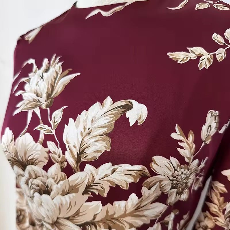 Beige roses & leaves print midi cocktail maroon silk long sleeve dress - Dress By Vicky