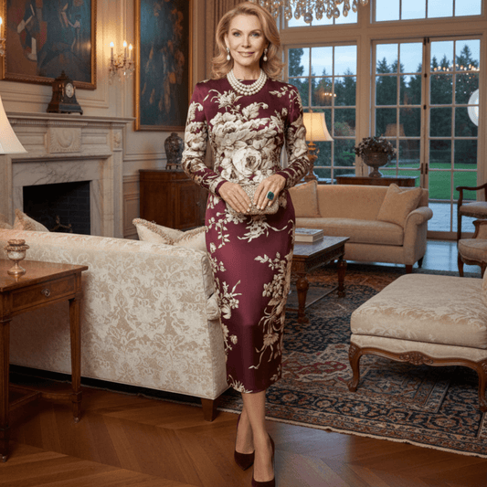 Beige roses & leaves print midi cocktail maroon silk long sleeve dress - Dress By Vicky
