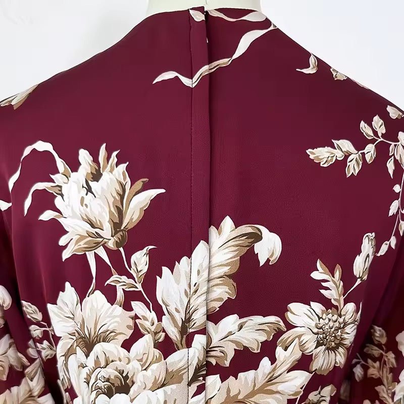 Beige roses & leaves print midi cocktail maroon silk long sleeve dress - Dress By Vicky