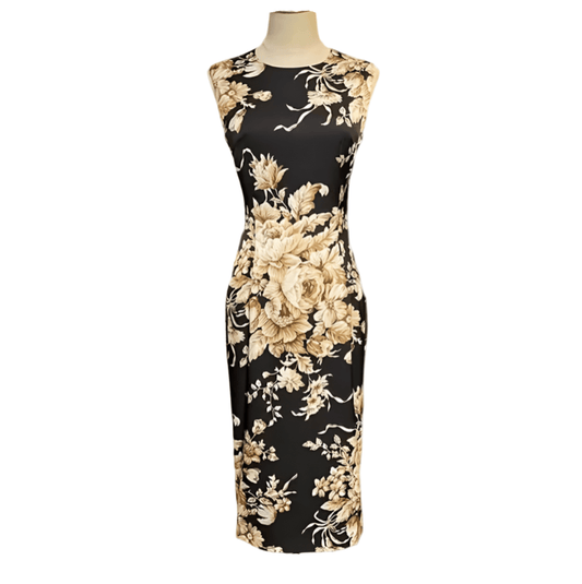 Beige roses & leaves print midi cocktail silk dress - Dress By Vicky
