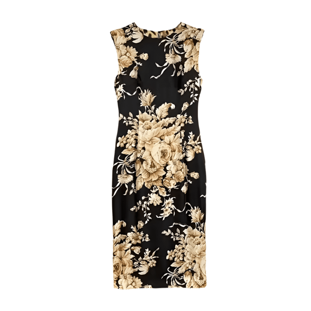 Beige roses & leaves print midi cocktail silk dress - Dress By Vicky