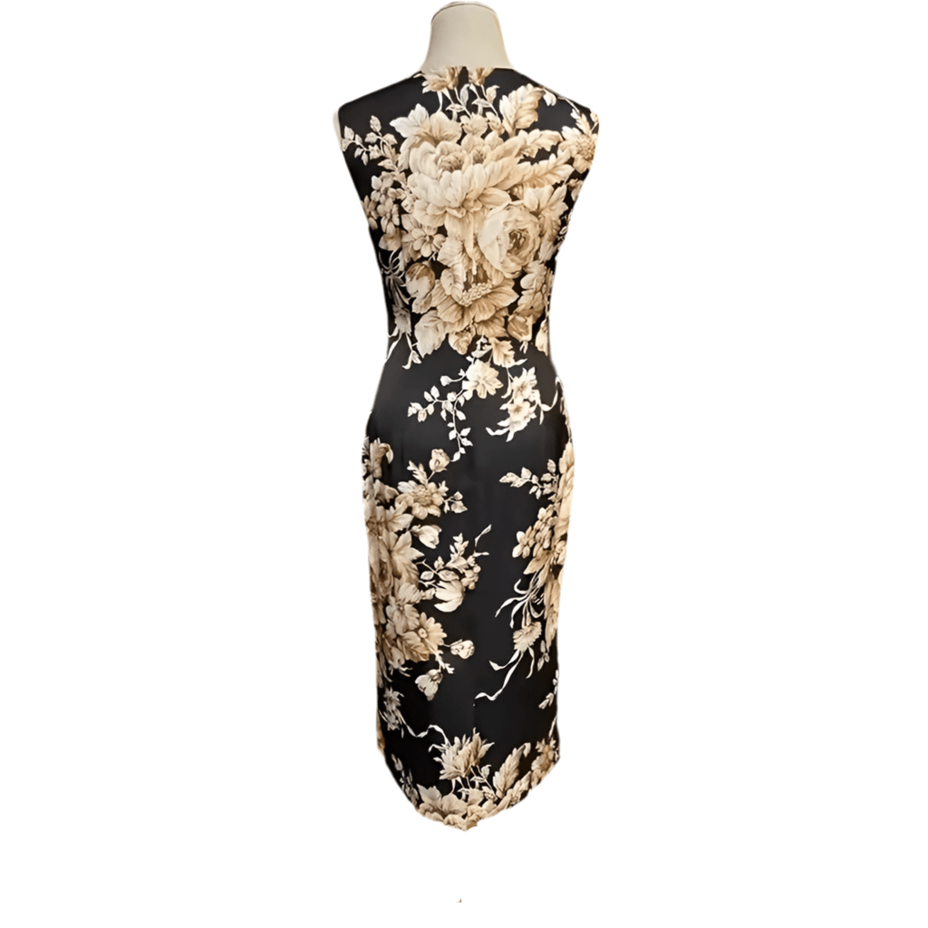 Beige roses & leaves print midi cocktail silk dress - Dress By Vicky