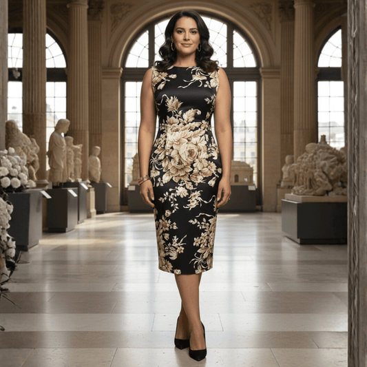 Beige roses & leaves print midi cocktail silk dress - Dress By Vicky