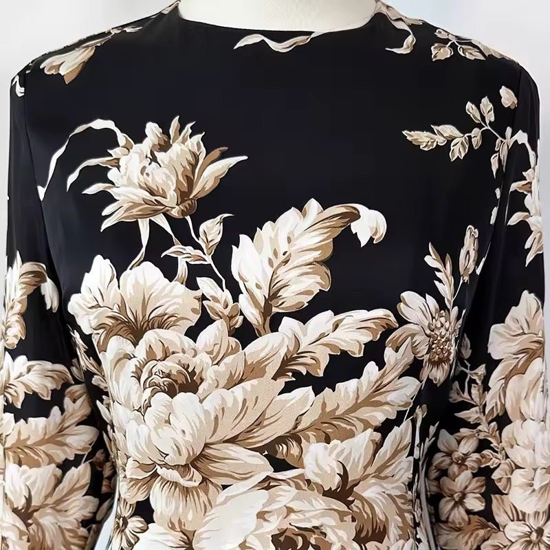 Beige roses & leaves print midi cocktail silk long sleeve dress - Dress By Vicky